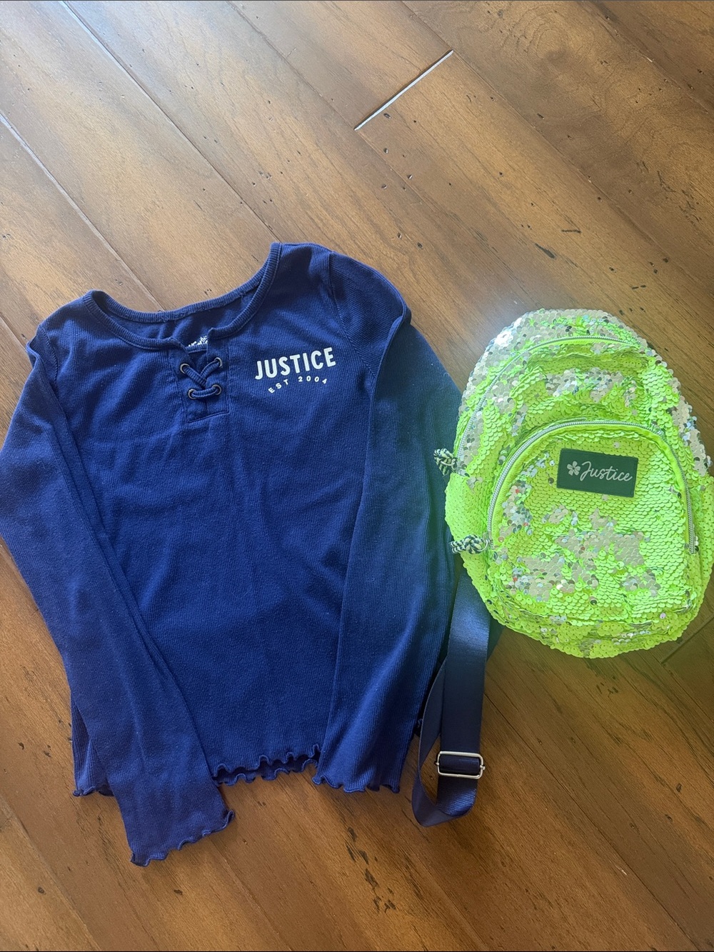 Justice Neon Green Sequin Mini Backpack and matching shirt size 12